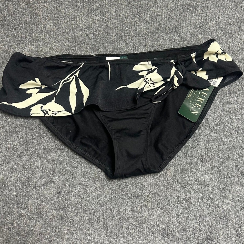 Lauren Ralph Lauren Bikini Bottoms Womens Size 12 Black Floral Ruffle Skirt NEW